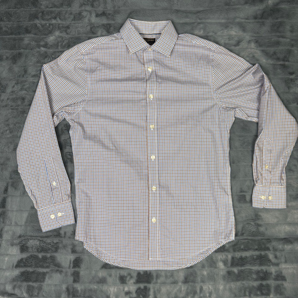 Banana Republic Mens Non Iron Classic Fit Gingham Check Dress Shirt Blue Brown S
